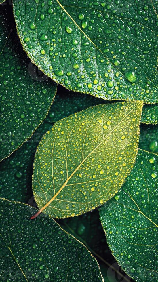 Close-up of green leaves with water droplets. top view shot photo