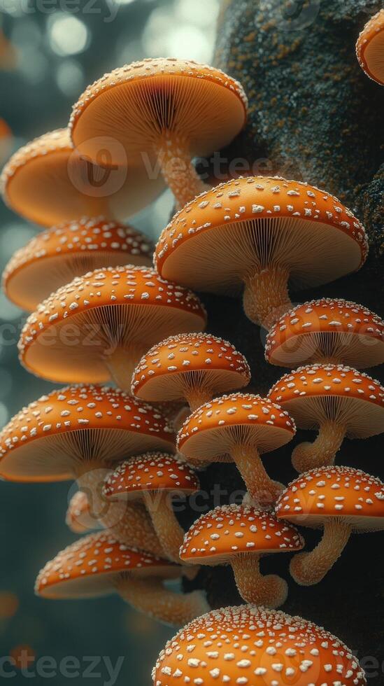 Cluster of vibrant orange mushrooms on a tree. photo