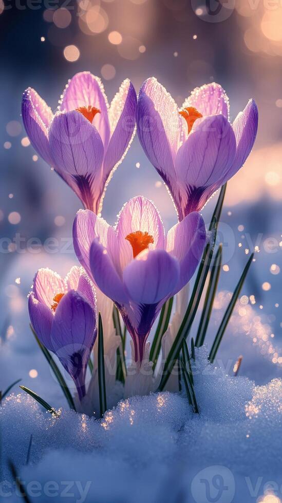 Crocuses blooming through snow in a serene setting. photo