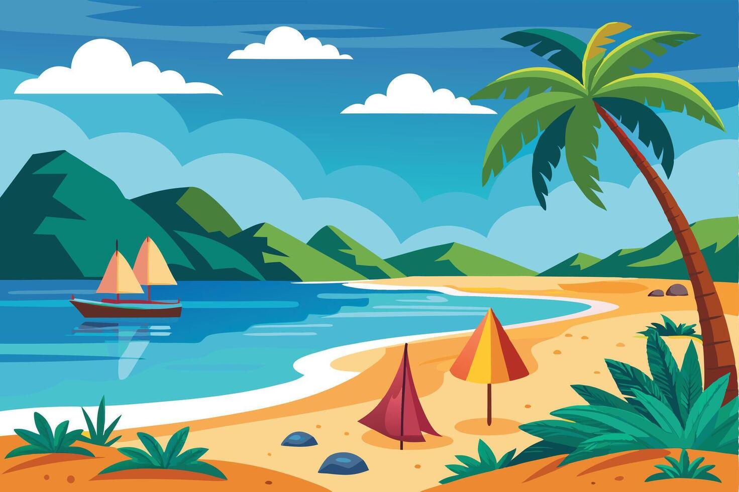 Mountains Behind a Palm Tree Beach in the Tropics vector