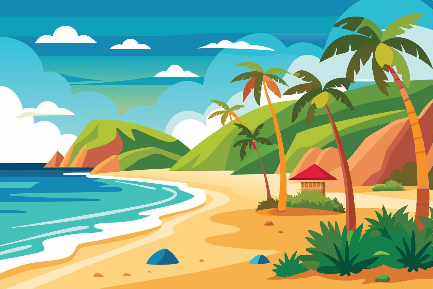 Palm Lined Tropical Beach With a Mountain Backdrop vector