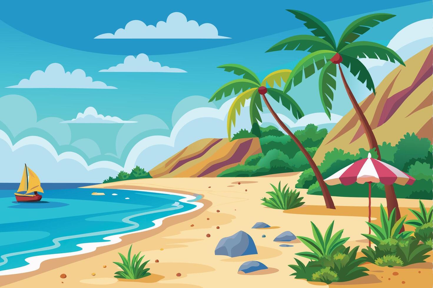 Sunny Tropical Beach With Mountains and Palm Trees vector