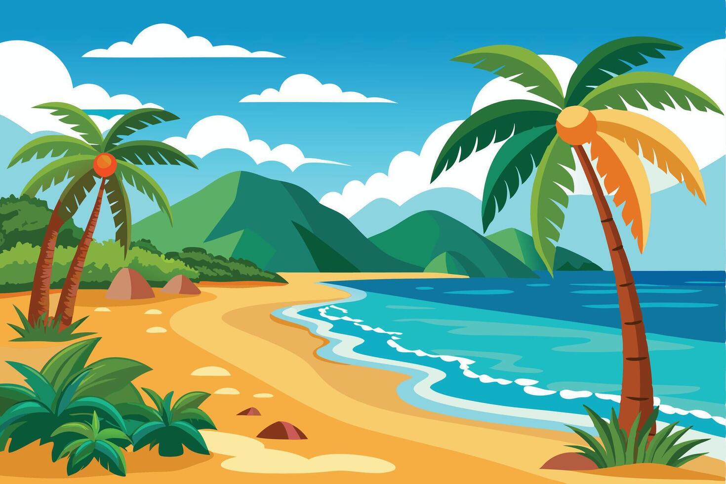 Illustration of a Tropical Beach Paradise With Mountains vector