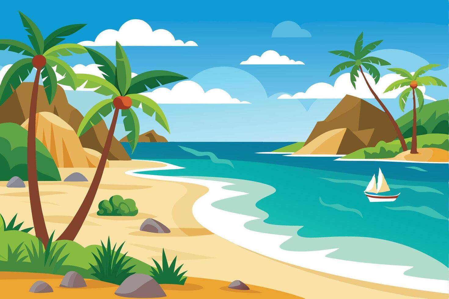 Palm Trees Swaying at a Tropical Beach With Mountains vector