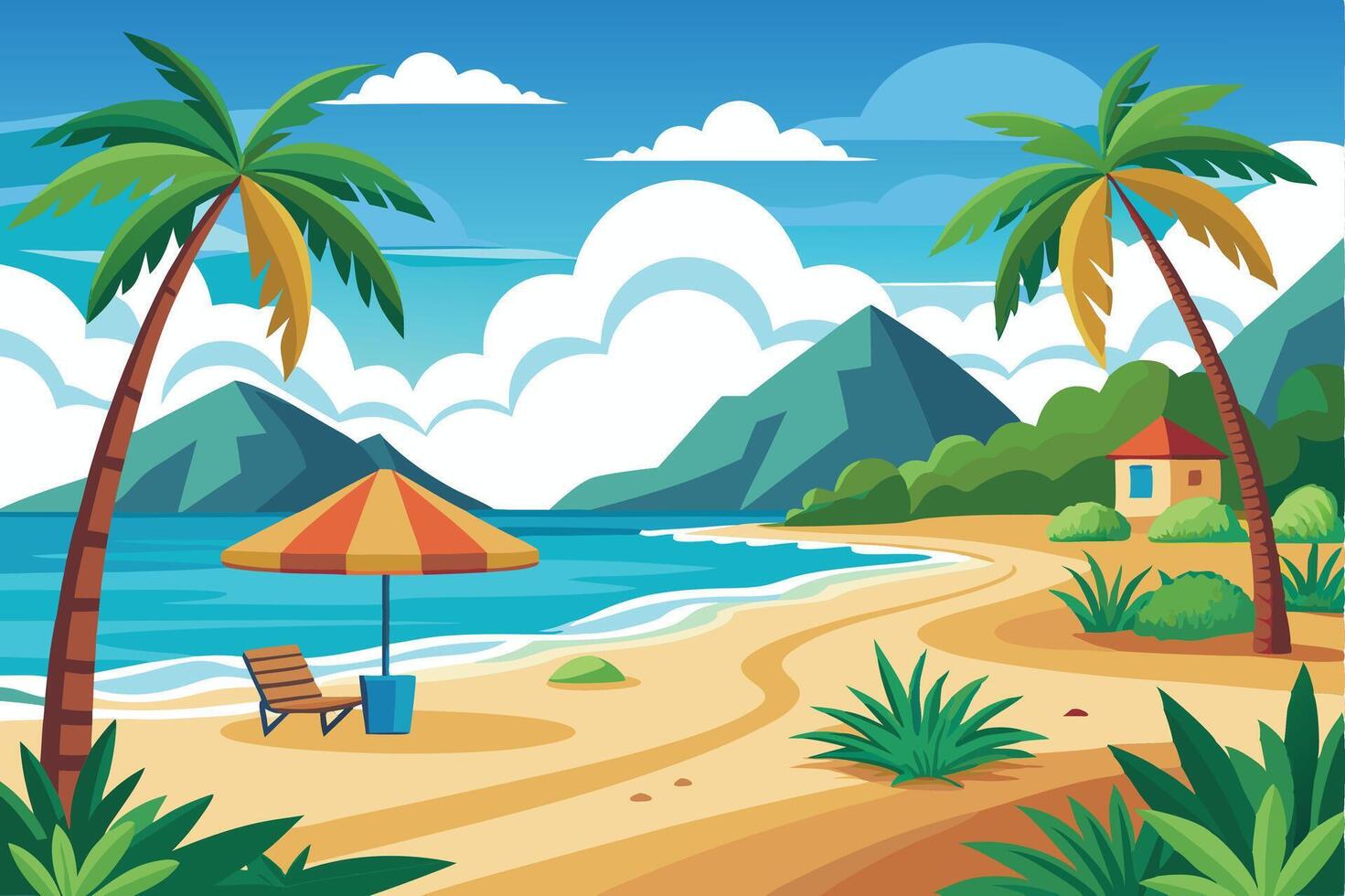 Tropical Oceanfront With Palm Trees and Mountains vector
