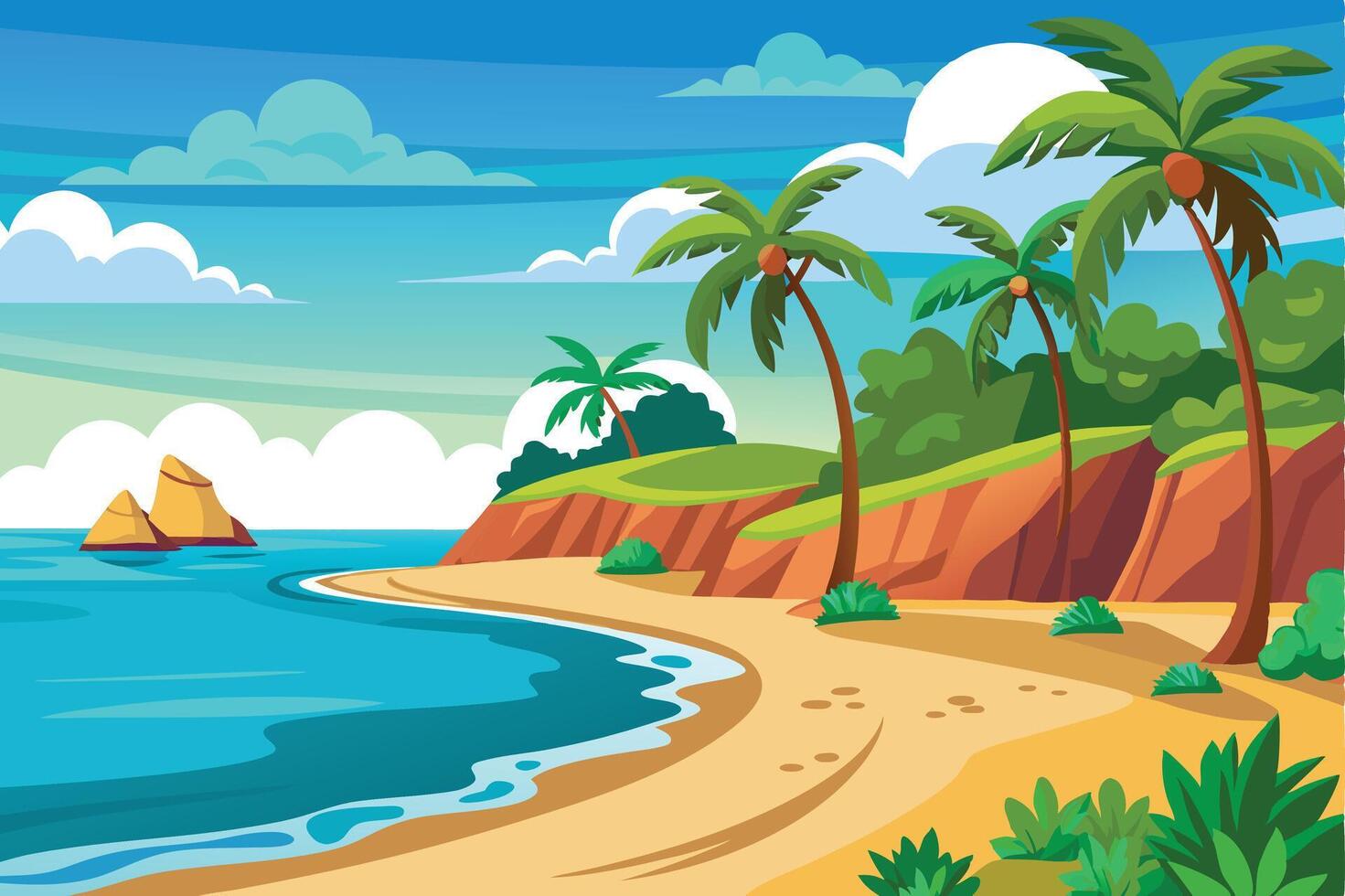 Dreamlike Tropical Beach With Palm Trees and Mountains vector
