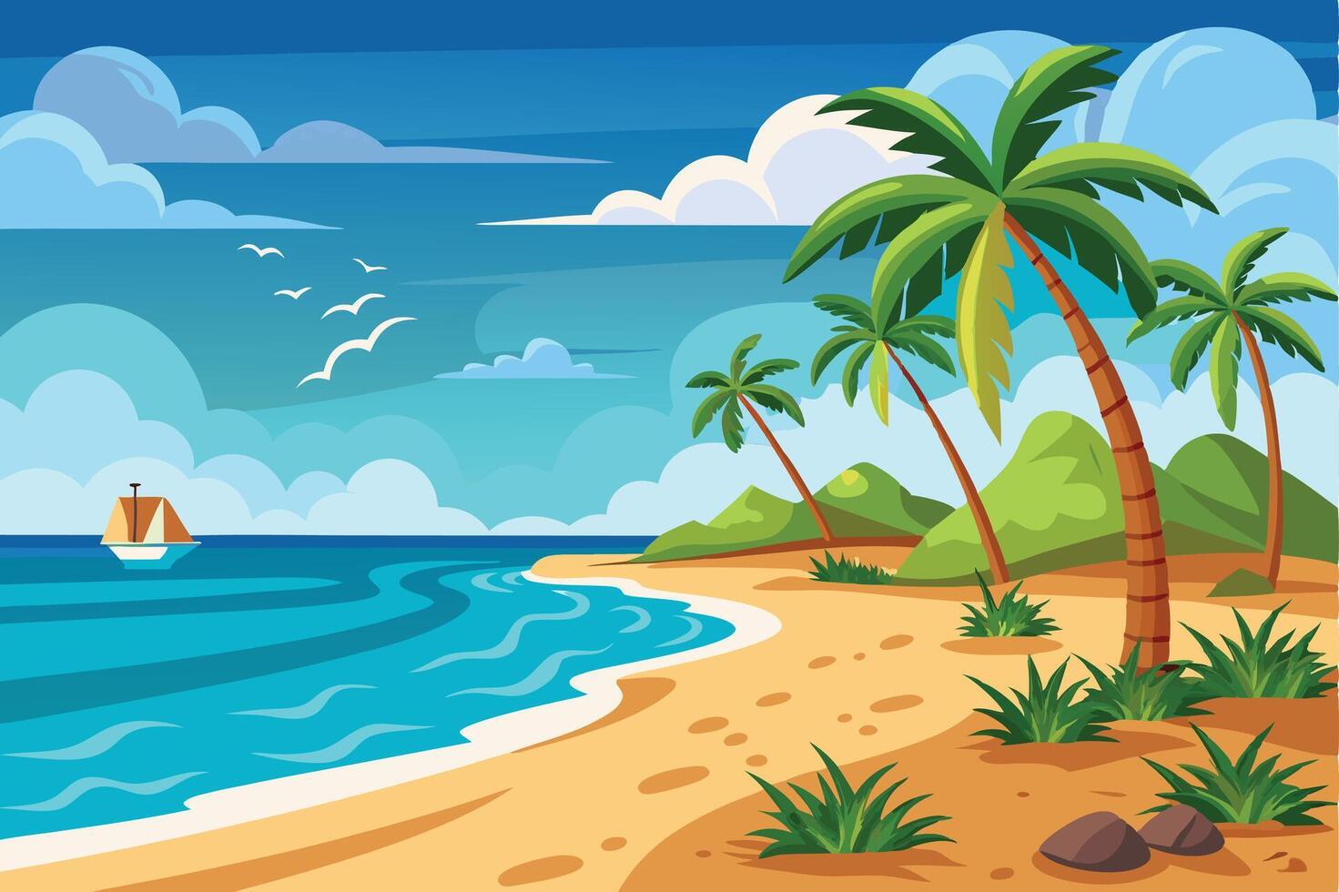 Palm Trees and Mountains Along a Tropical Beach vector