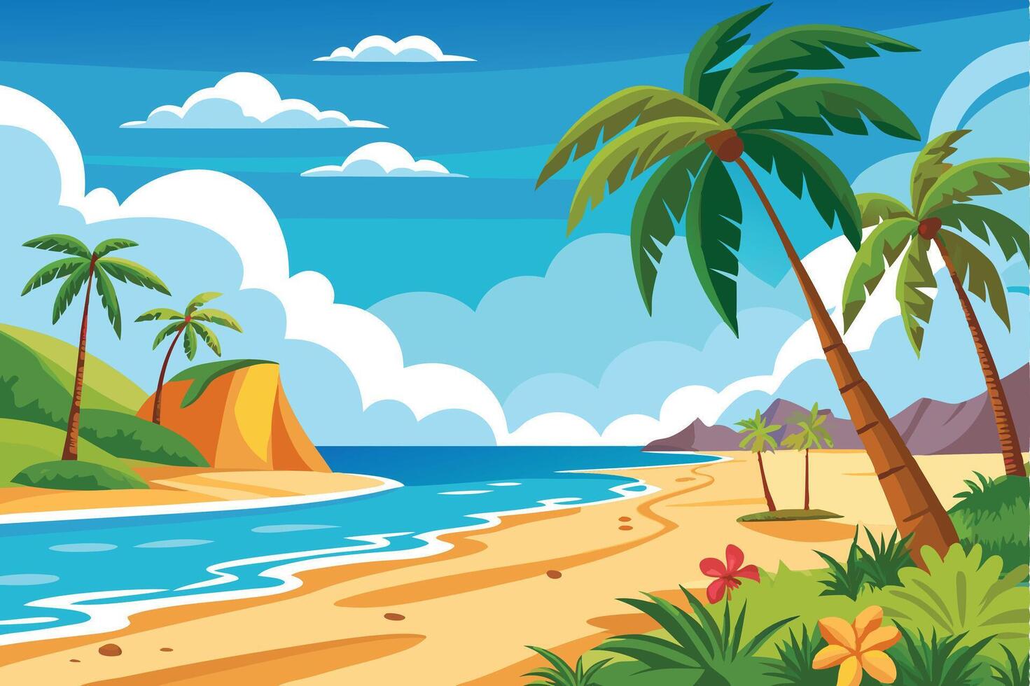 Tropical Shore With Mountains and Palm Trees vector