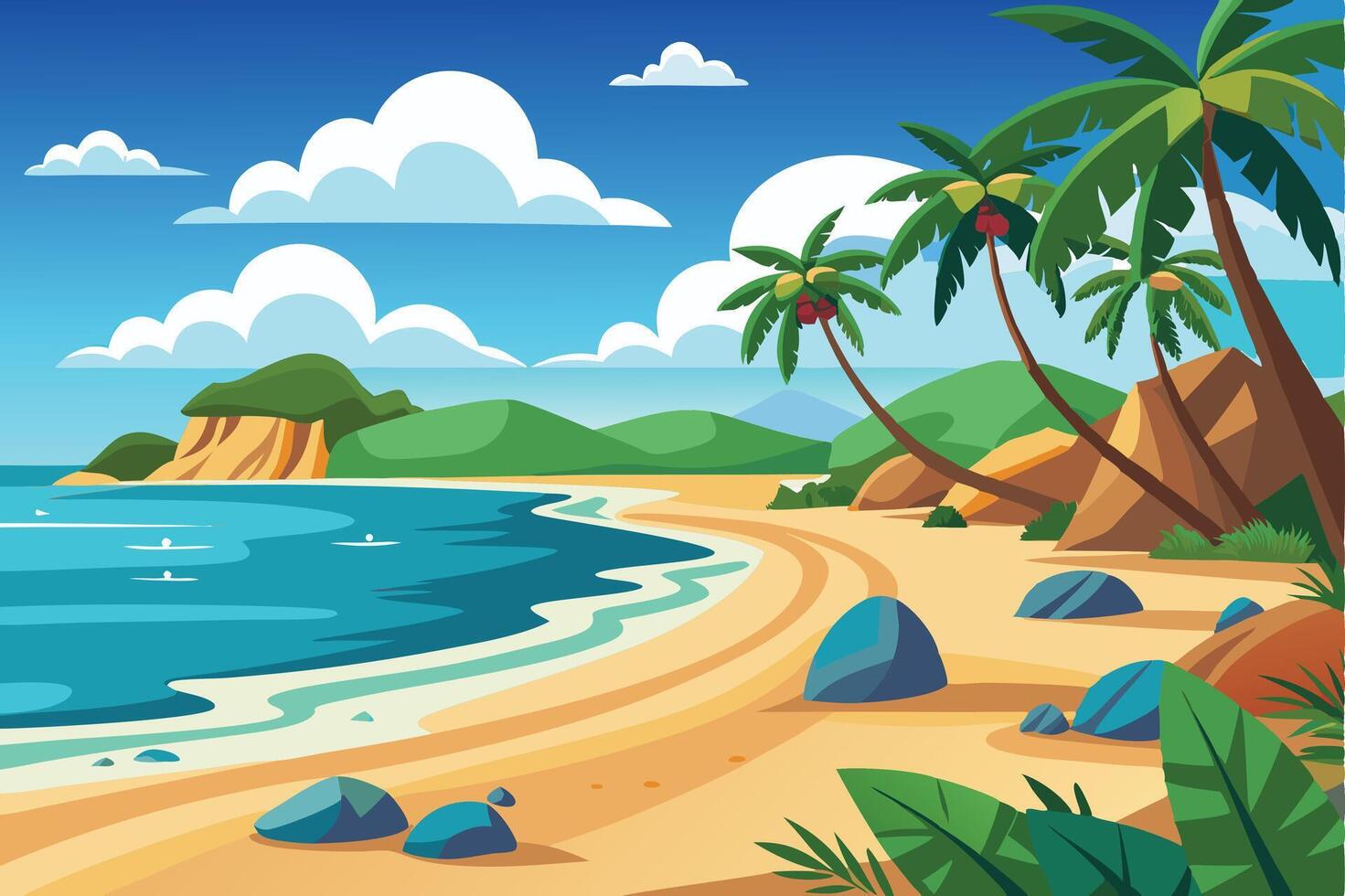 Island Beach Paradise With Palm Trees and Distant Mountains vector
