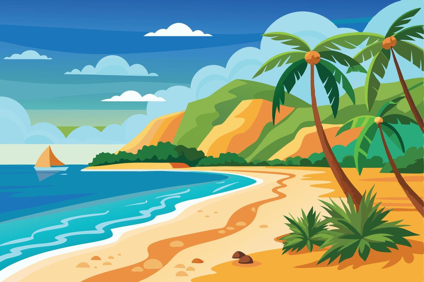 Tropical Shoreline With Palm Trees and Mountain Horizon vector