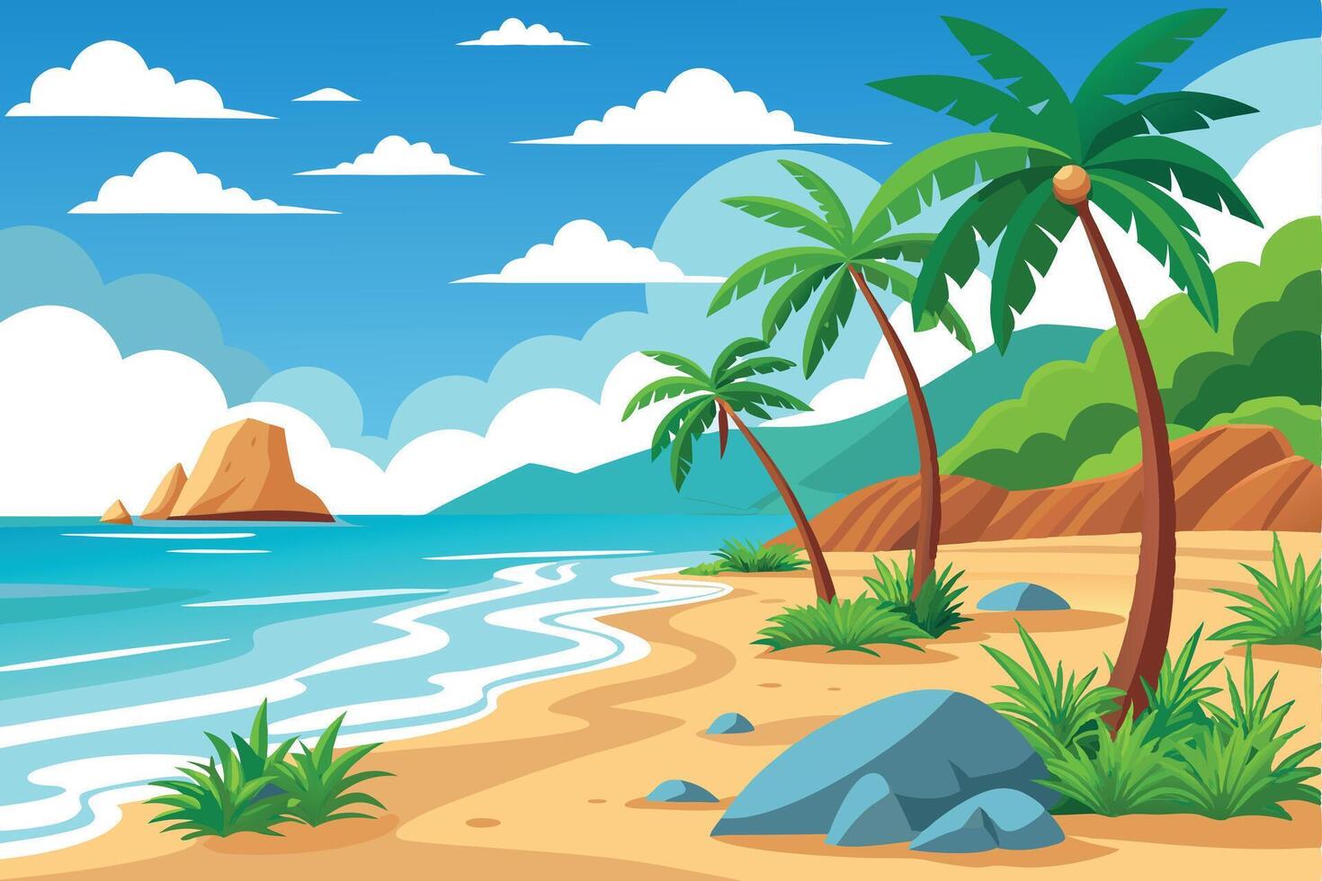 Illustration of Palm Trees at a Tropical Mountain Beach vector