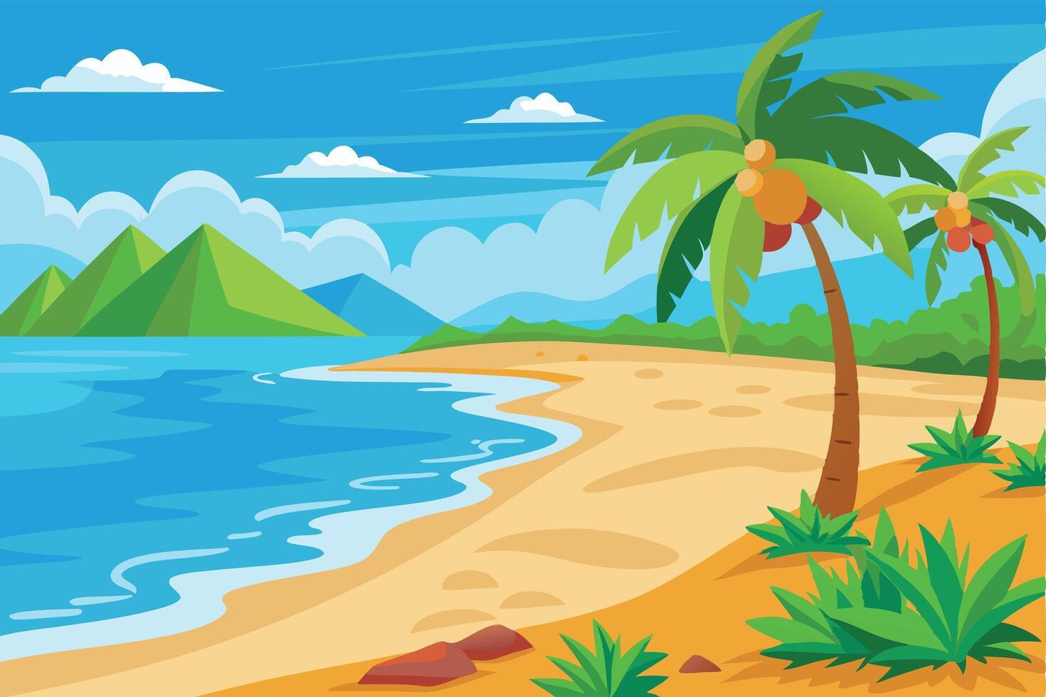 Tranquil Tropical Beach With Palm Trees and Hills vector
