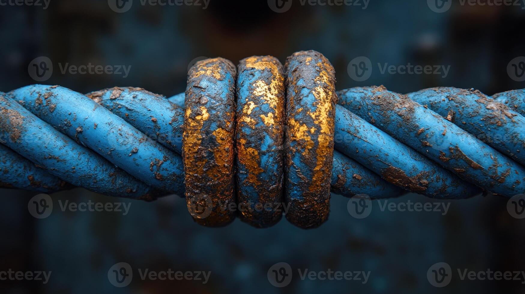 Close-up of weathered blue rope with rust. photo