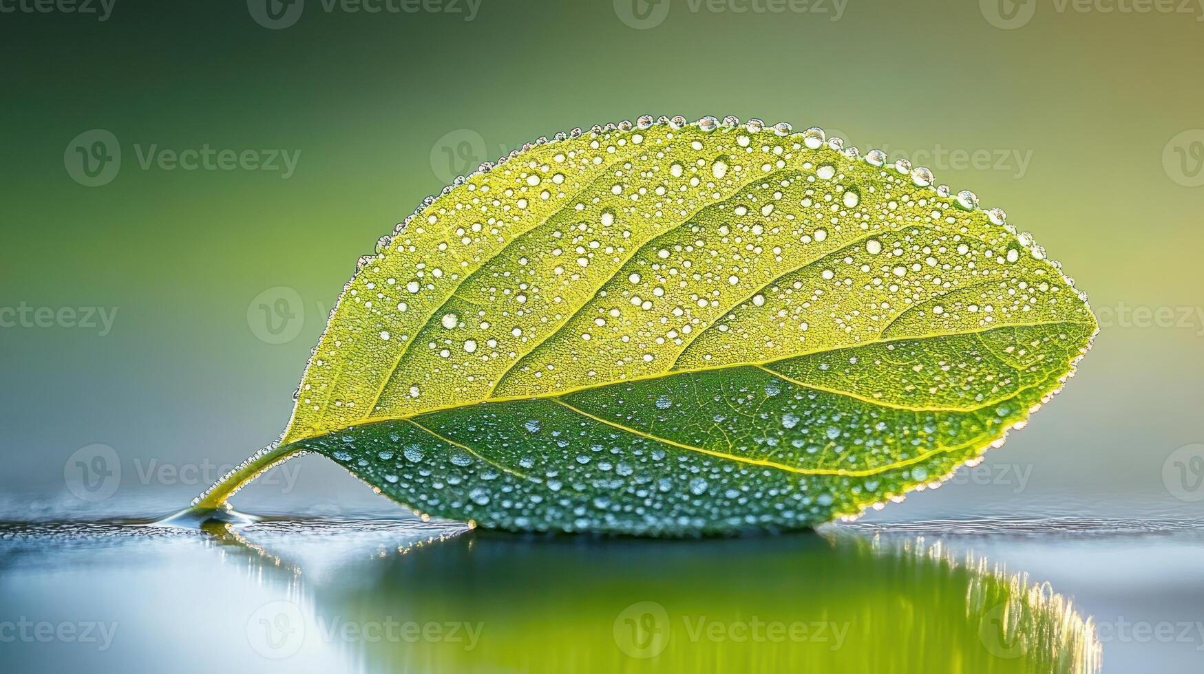 Dew-covered leaf resting on a reflective surface. photo