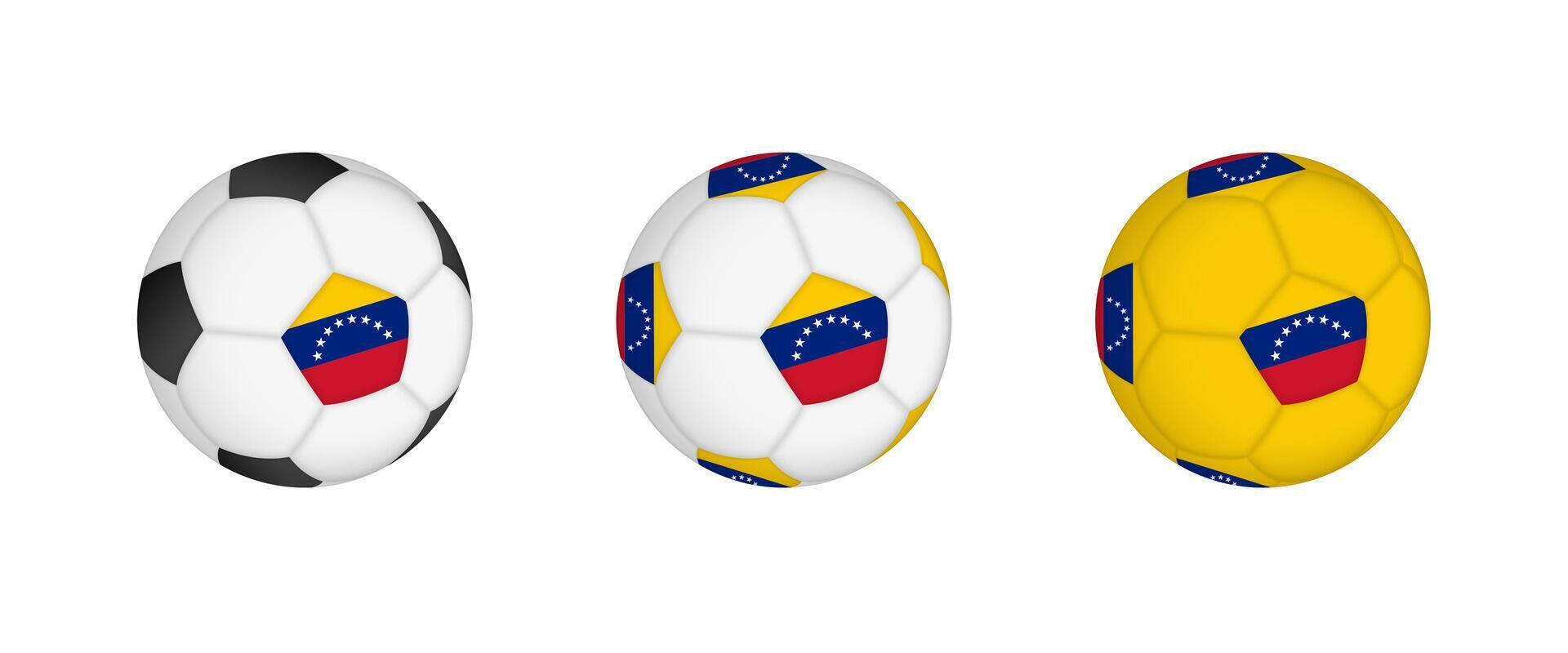 Collection football ball with the Venezuela flag. Soccer equipment mockup with flag in three distinct configurations. vector