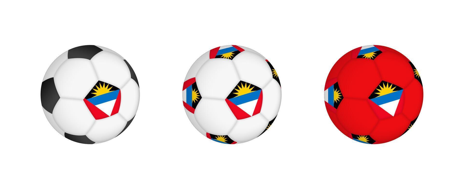Collection football ball with the Antigua and Barbuda flag. Soccer equipment mockup with flag in three distinct configurations. vector