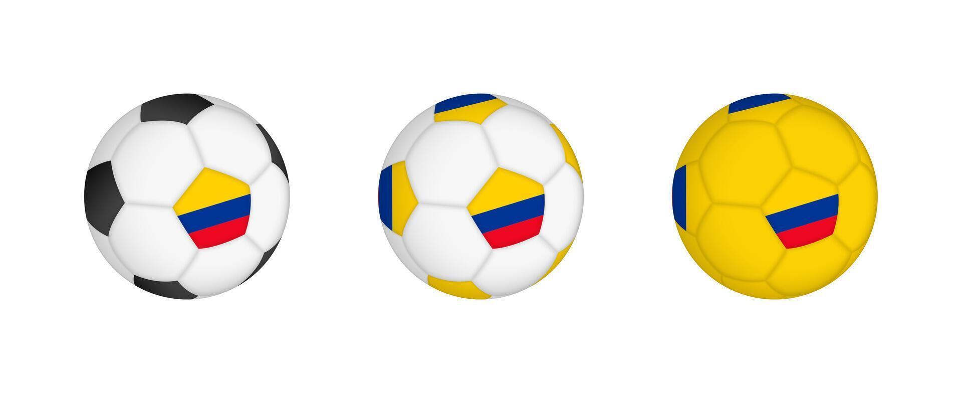 Collection football ball with the Colombia flag. Soccer equipment mockup with flag in three distinct configurations. vector