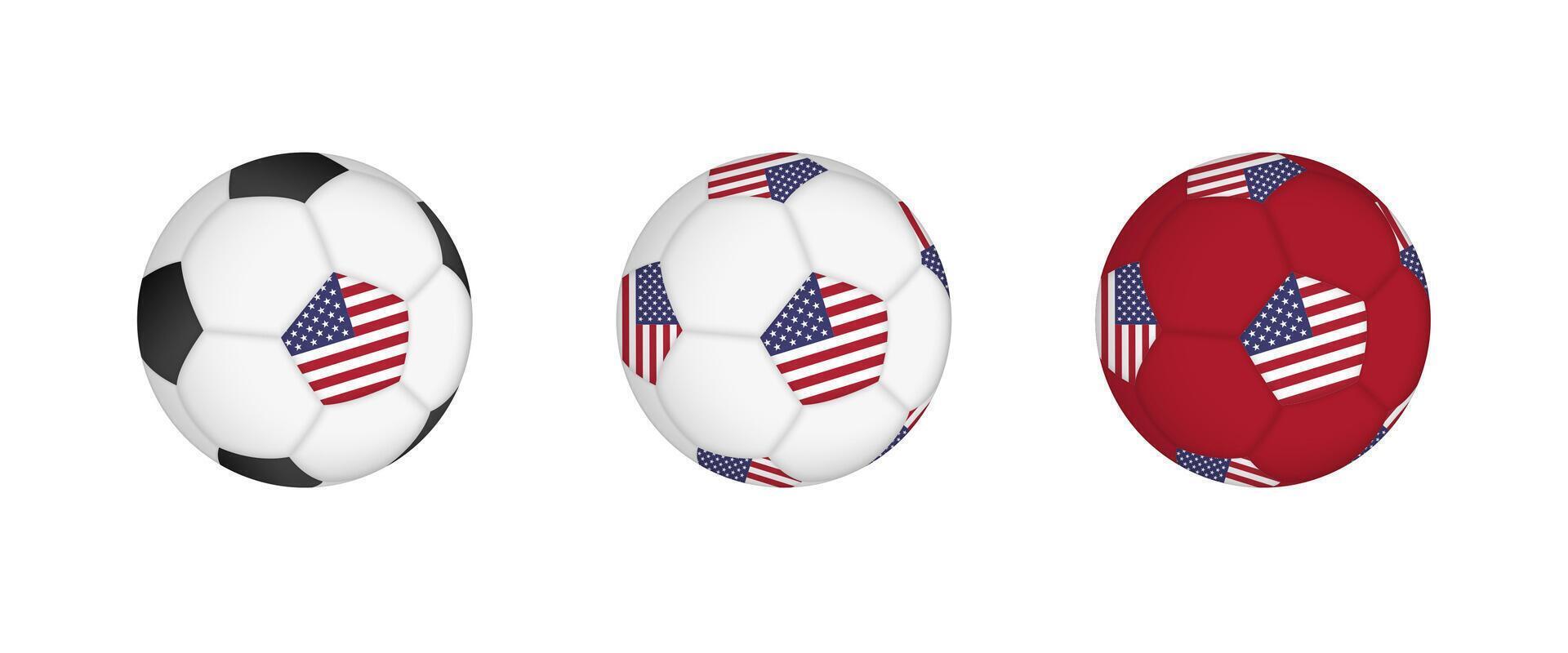 Collection football ball with the USA flag. Soccer equipment mockup with flag in three distinct configurations. vector