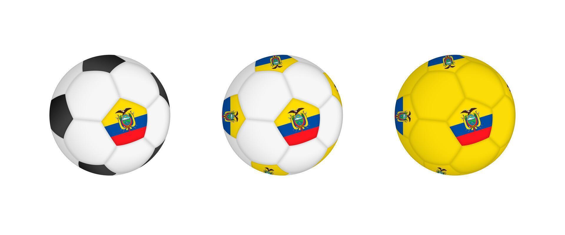 Collection football ball with the Ecuador flag. Soccer equipment mockup with flag in three distinct configurations. vector