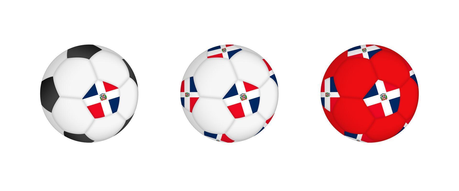 Collection football ball with the Dominican Republic flag. Soccer equipment mockup with flag in three distinct configurations. vector
