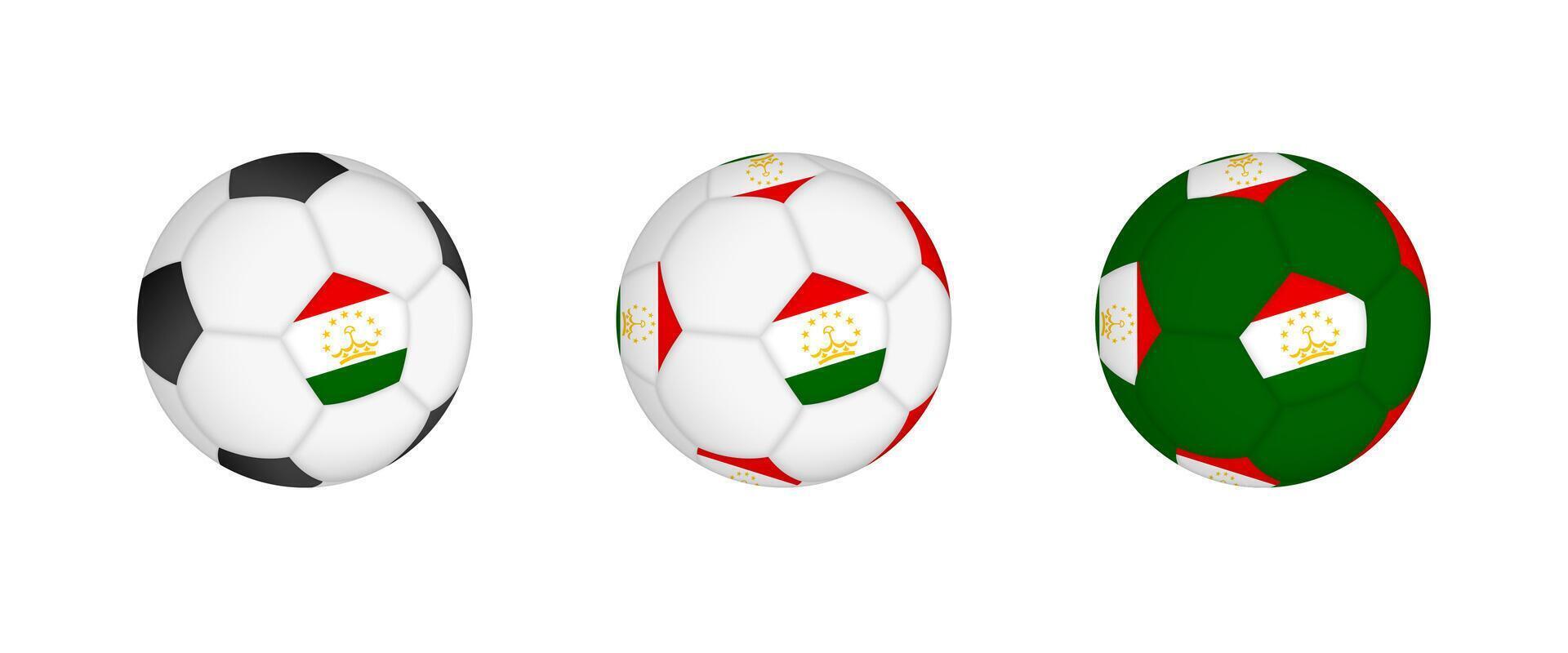 Collection football ball with the Tajikistan flag. Soccer equipment mockup with flag in three distinct configurations. vector