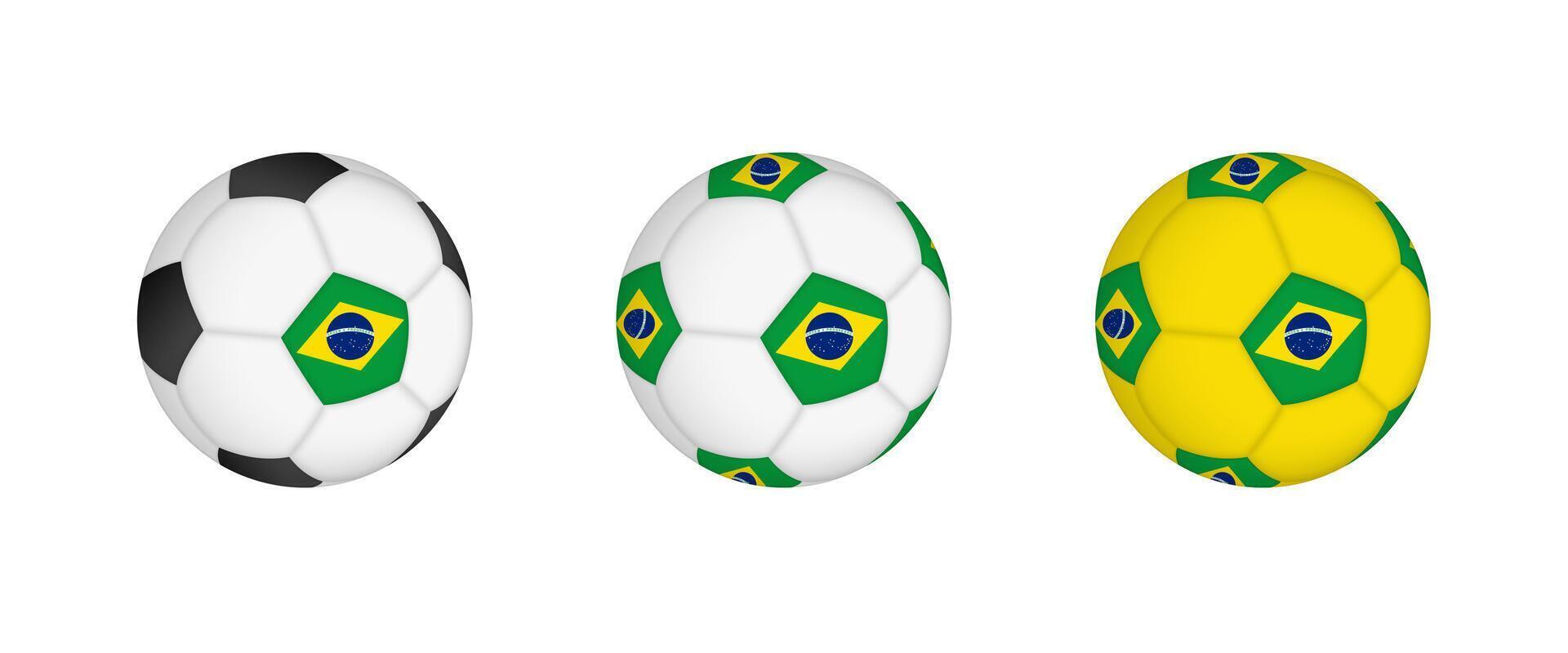Collection football ball with the Brazil flag. Soccer equipment mockup with flag in three distinct configurations. vector