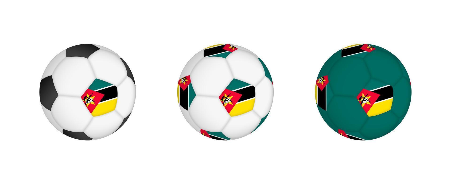 Collection football ball with the Mozambique flag. Soccer equipment mockup with flag in three distinct configurations. vector