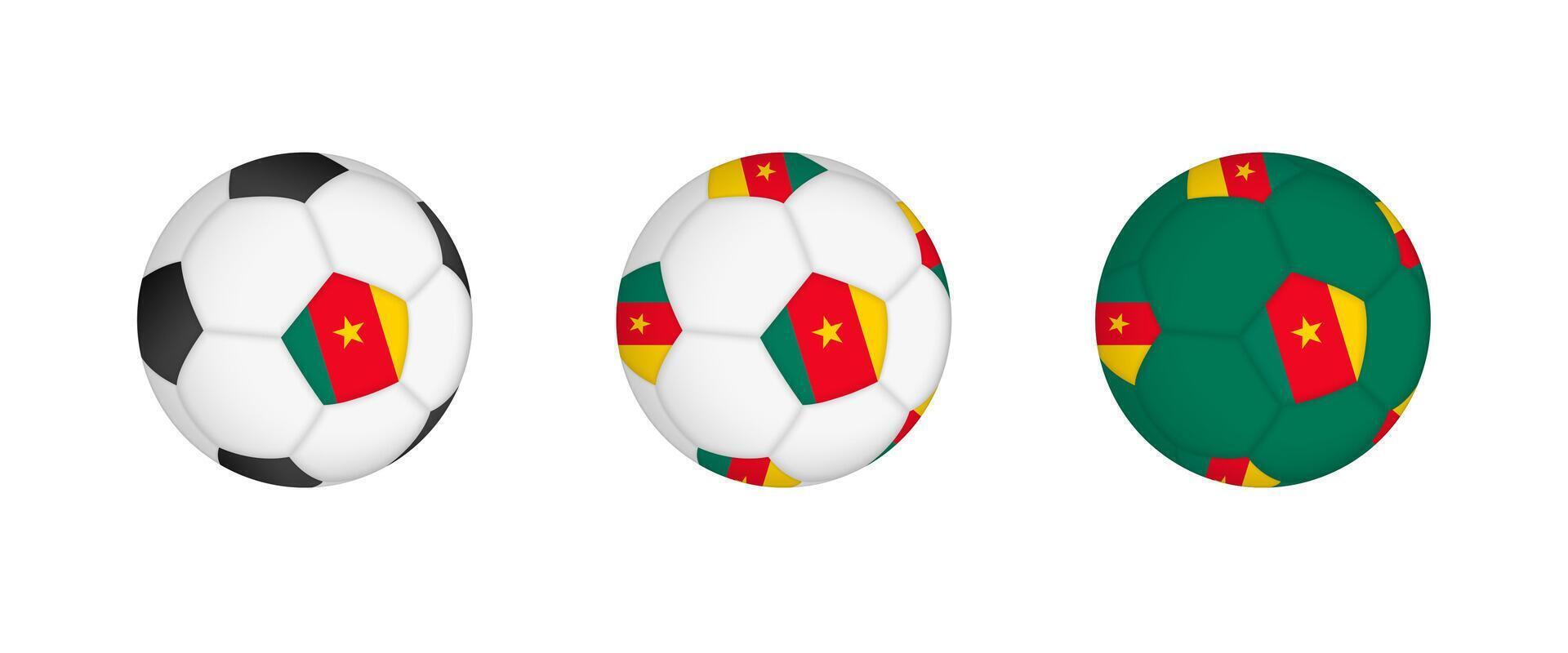 Collection football ball with the Cameroon flag. Soccer equipment mockup with flag in three distinct configurations. vector