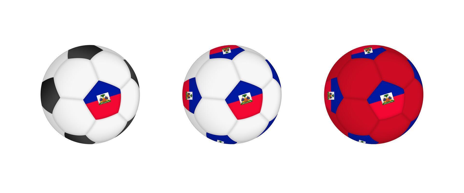 Collection football ball with the Haiti flag. Soccer equipment mockup with flag in three distinct configurations. vector