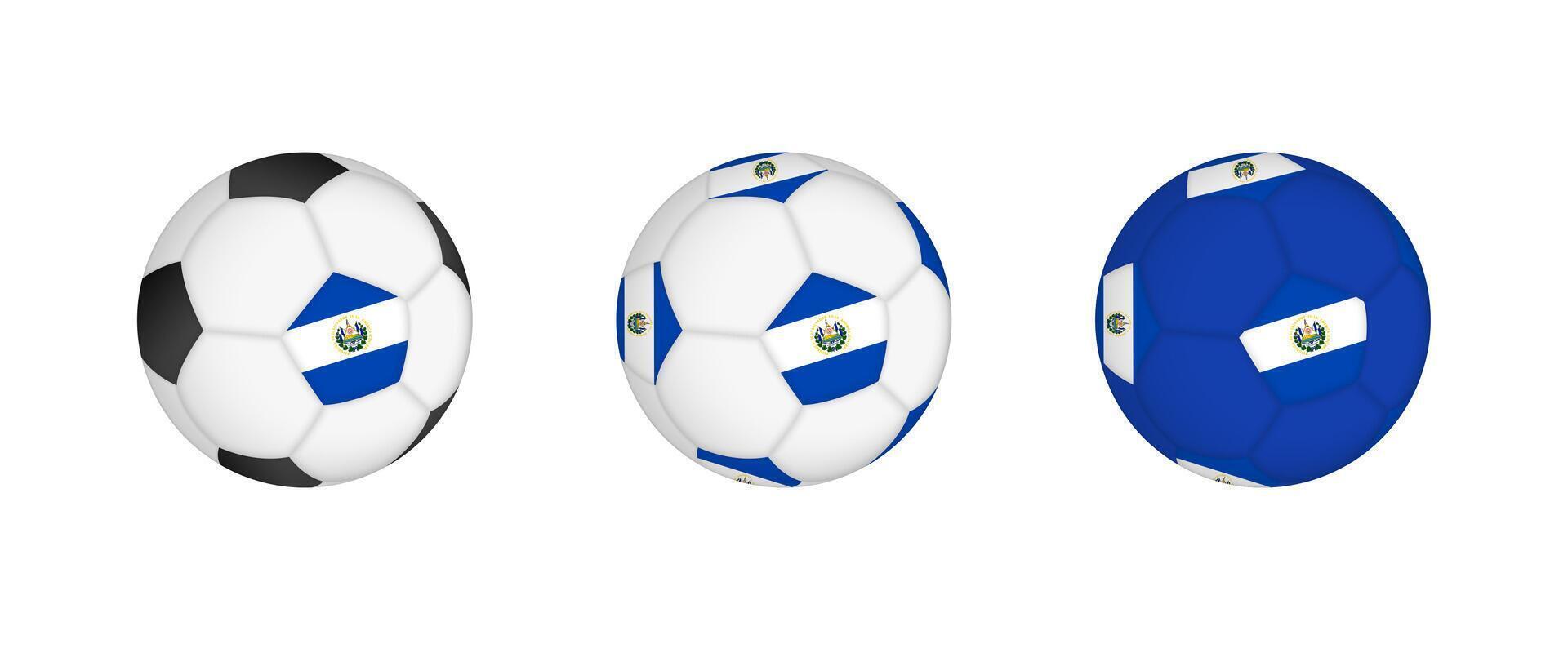 Collection football ball with the El Salvador flag. Soccer equipment mockup with flag in three distinct configurations. vector