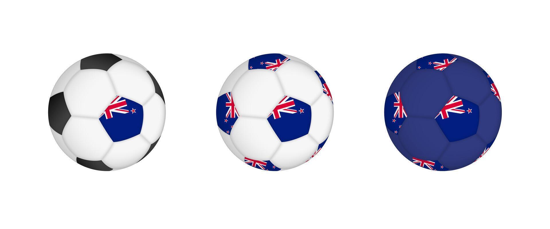 Collection football ball with the New Zealand flag. Soccer equipment mockup with flag in three distinct configurations. vector