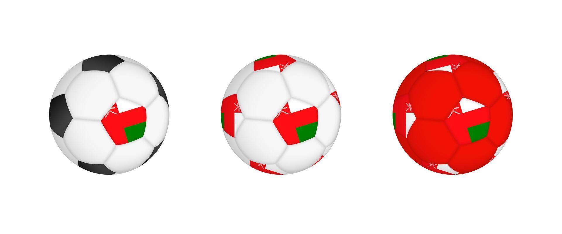Collection football ball with the Oman flag. Soccer equipment mockup with flag in three distinct configurations. vector