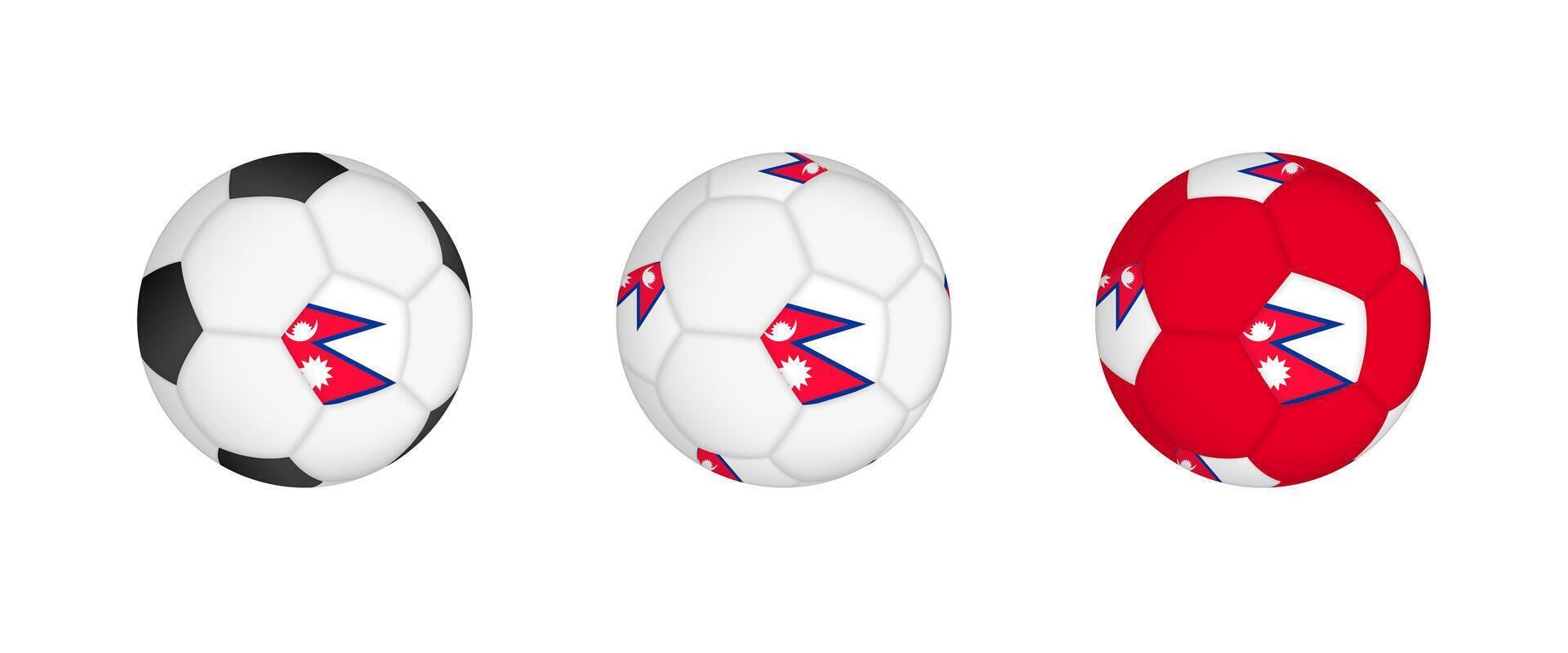 Collection football ball with the Nepal flag. Soccer equipment mockup with flag in three distinct configurations. vector