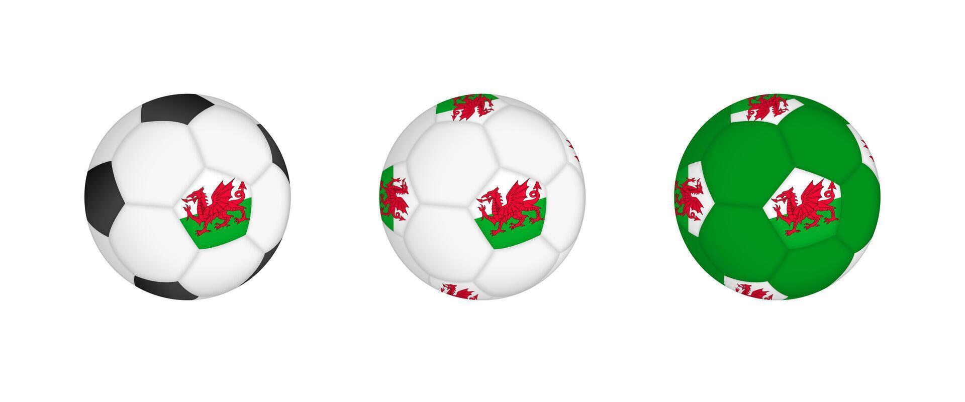 Collection football ball with the Wales flag. Soccer equipment mockup with flag in three distinct configurations. vector