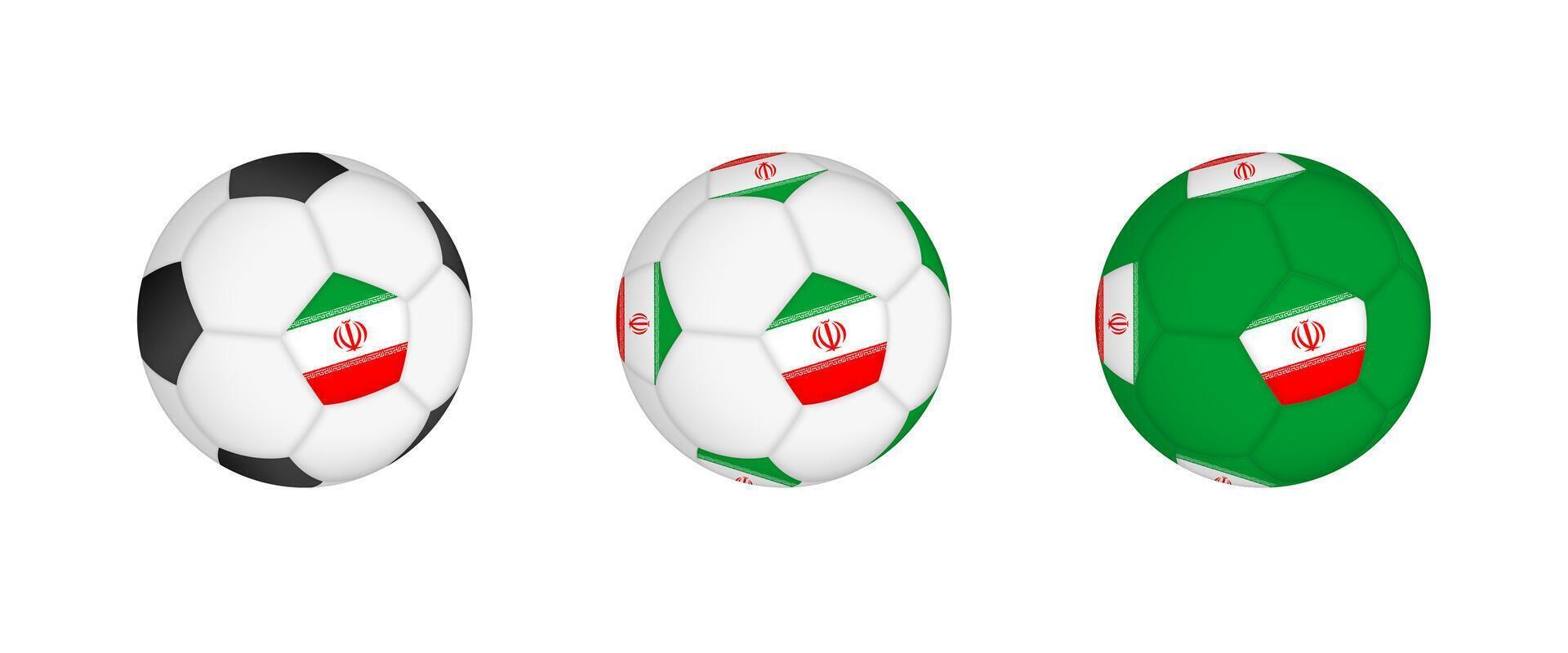 Collection football ball with the Iran flag. Soccer equipment mockup with flag in three distinct configurations. vector