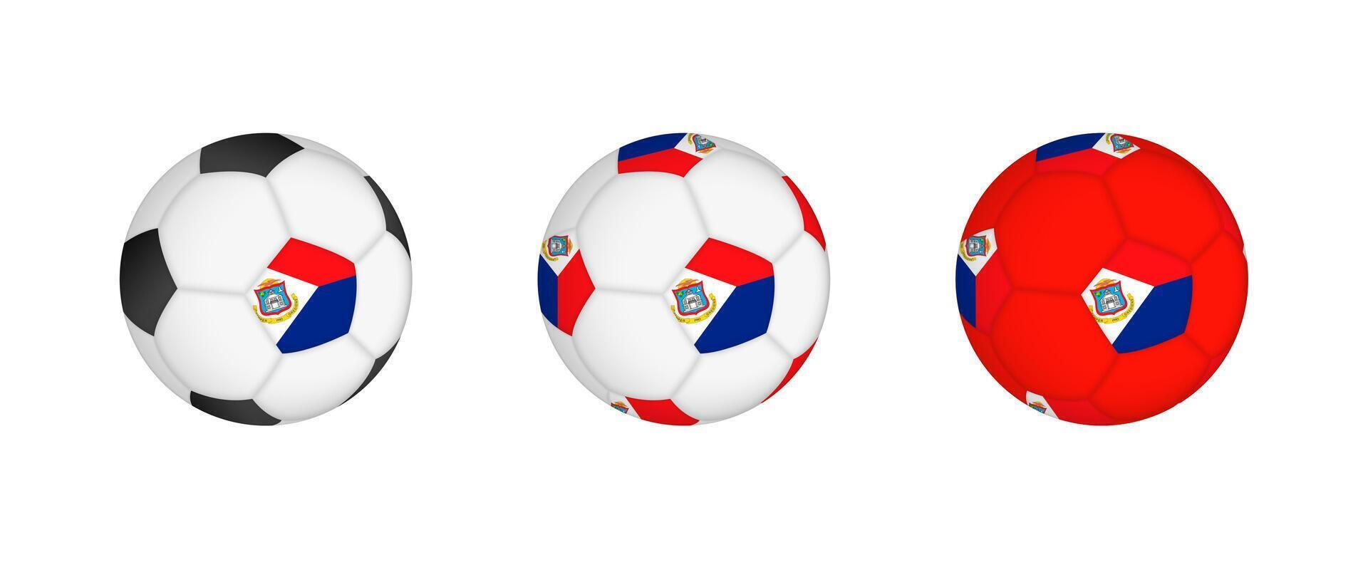 Collection football ball with the Sint Maarten flag. Soccer equipment mockup with flag in three distinct configurations. vector