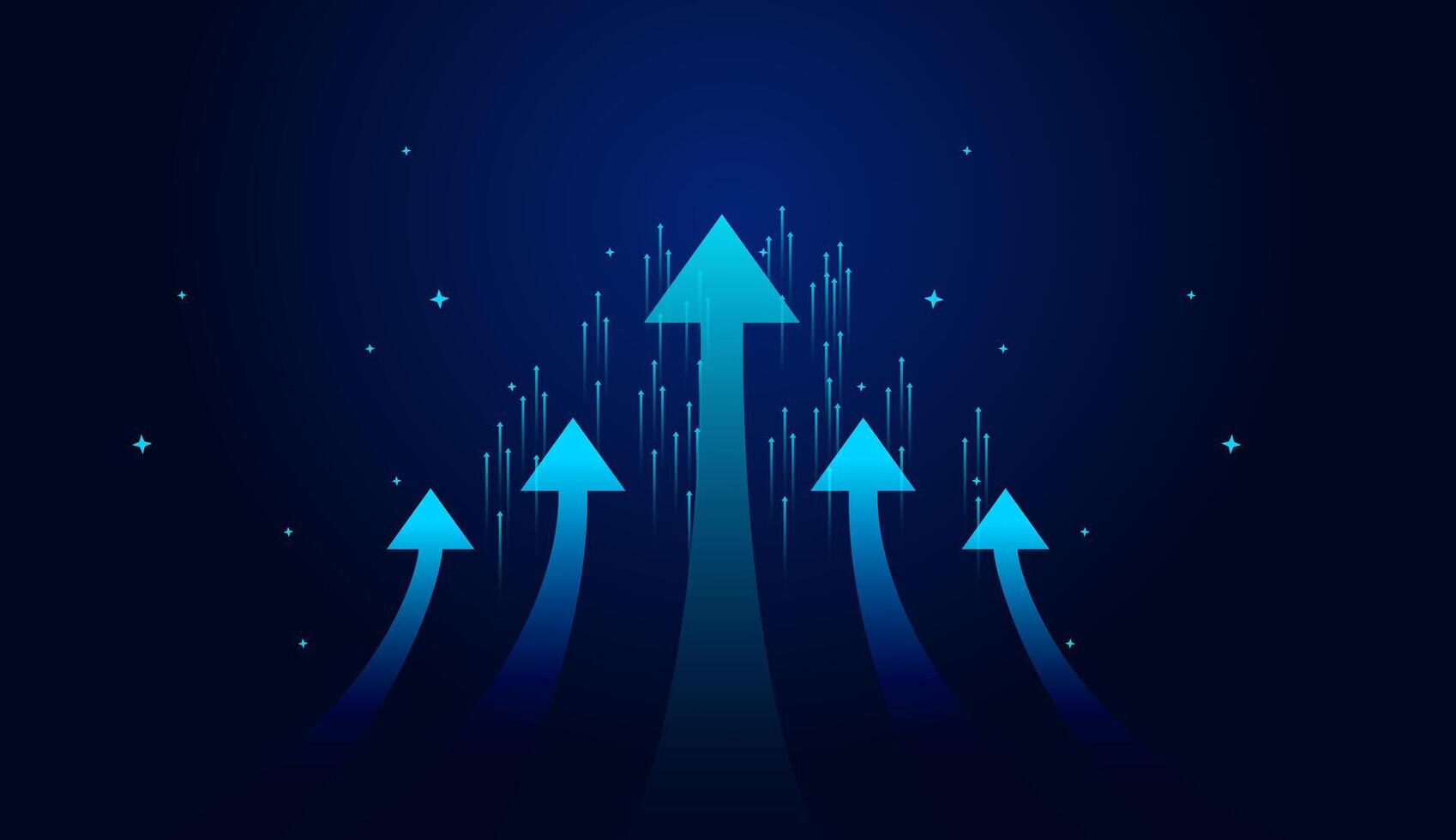 five glowing blue arrows curving upward against a dark, starry background. The center arrow is the largest, symbolizing dominant growth or leadership vector
