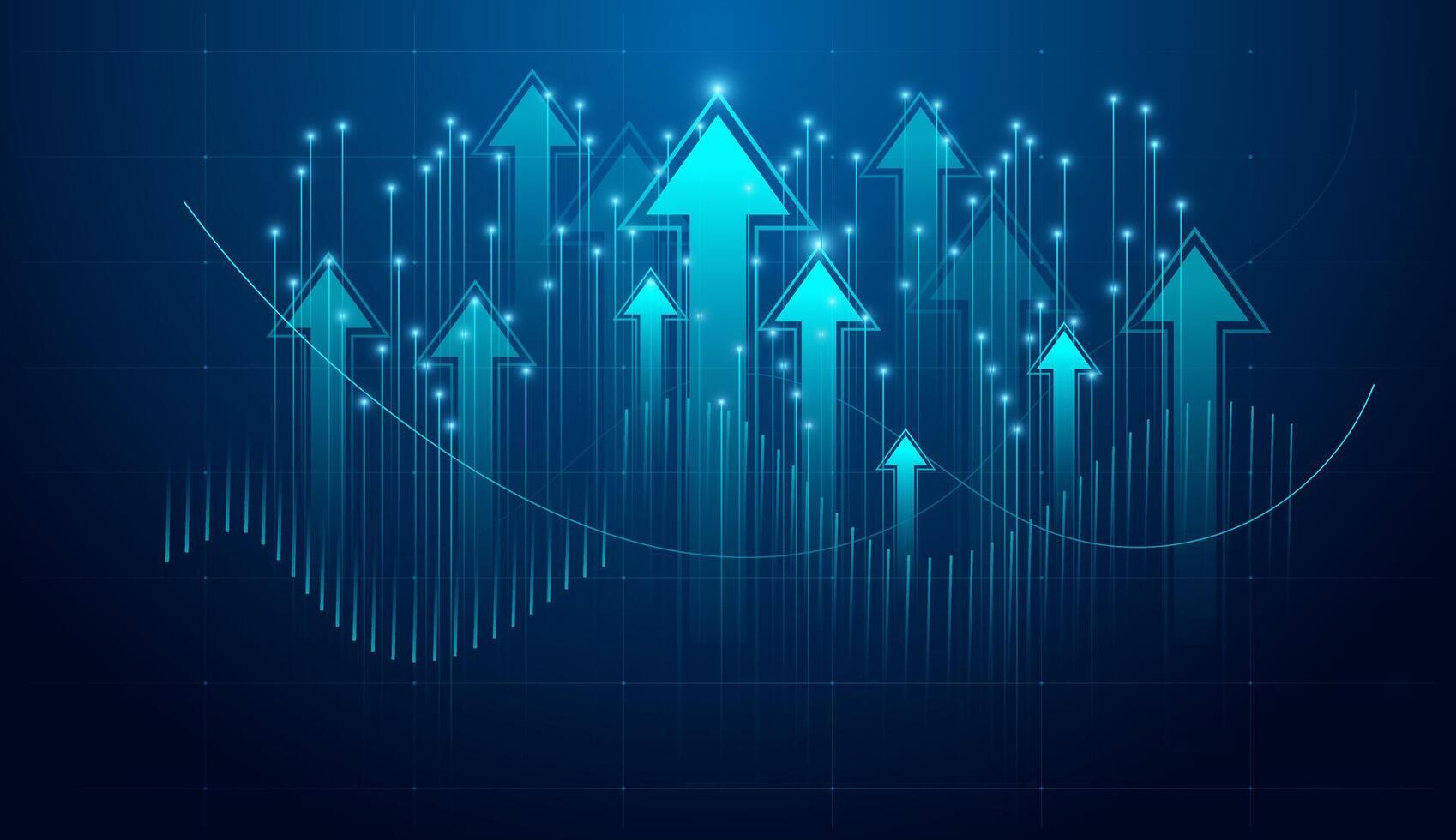 Glowing arrows rise powerfully against a digital backdrop, symbolizing rapid upward trends and success. and growing technology on grid lines dark blue background vector