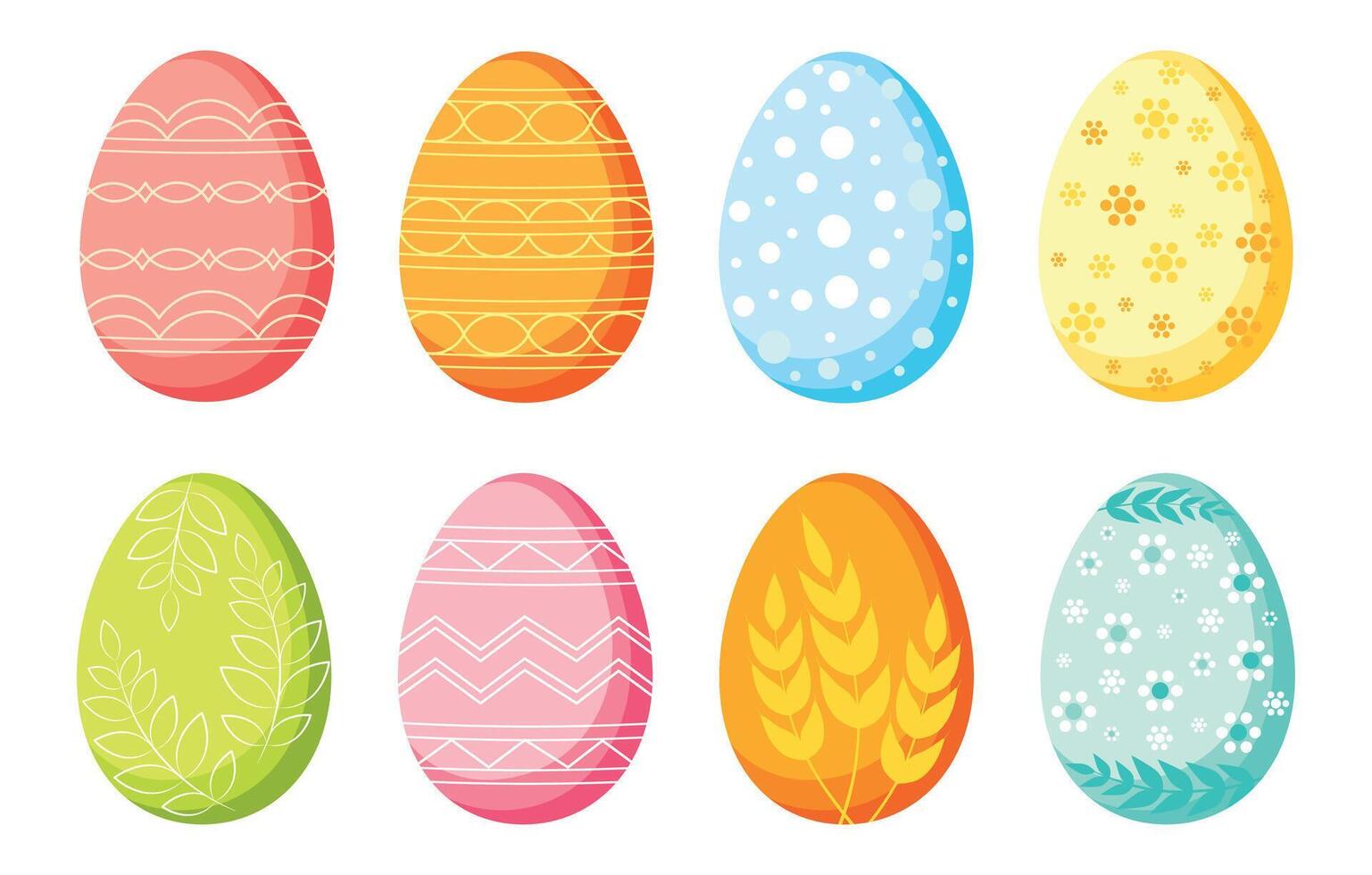 Set of Easter eggs in cartoon style. Illustration of Easter eggs with different patterns, geometric patterns, dots, flowers, leaves, wheat ears isolated on white background. Easter holiday. vector