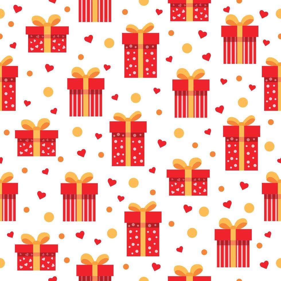 Seamless gift pattern with confetti and hearts isolated on white background.Pattern with red gift boxes, yellow bows in cartoon style. Wrapping paper,textile design. Christmas and birthday gifts. vector
