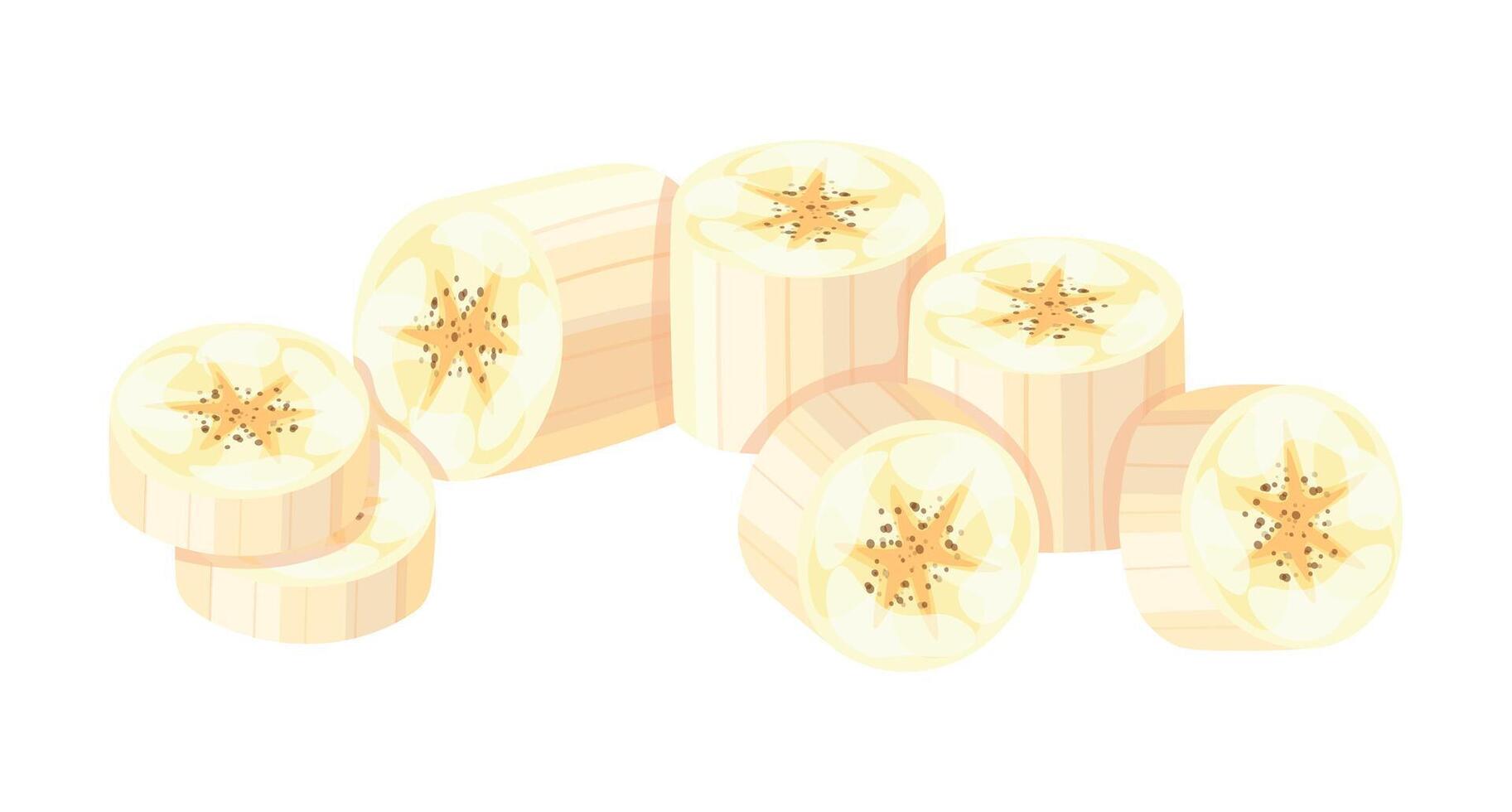 Set of banana slices, fresh and tasty in cartoon style. Illustration of peeled sweet pieces of banana of different sizes isolated on white background. A healthy snack. Tropical fruit. vector