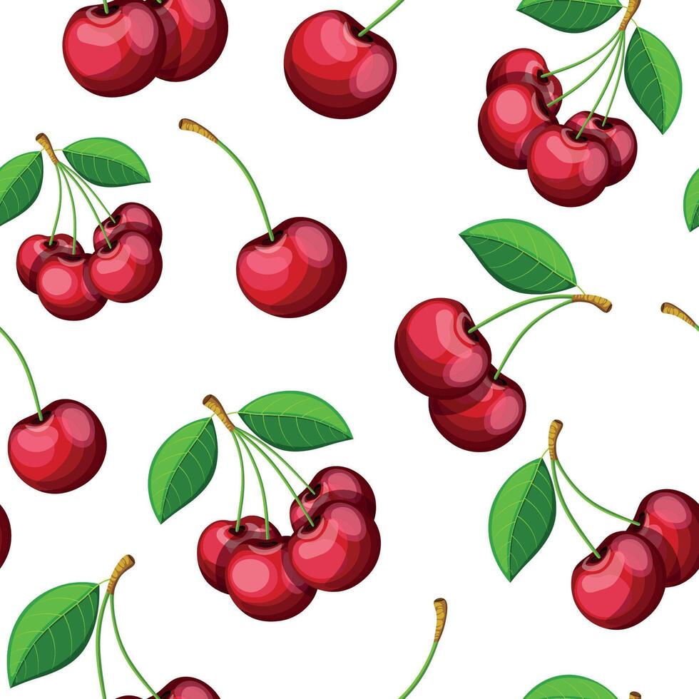 Seamless pattern with fresh cherries in cartoon style. Illustration of a pattern with delicious and juicy cherry berries with green leaves isolated on a white background. Sweet cherries. vector