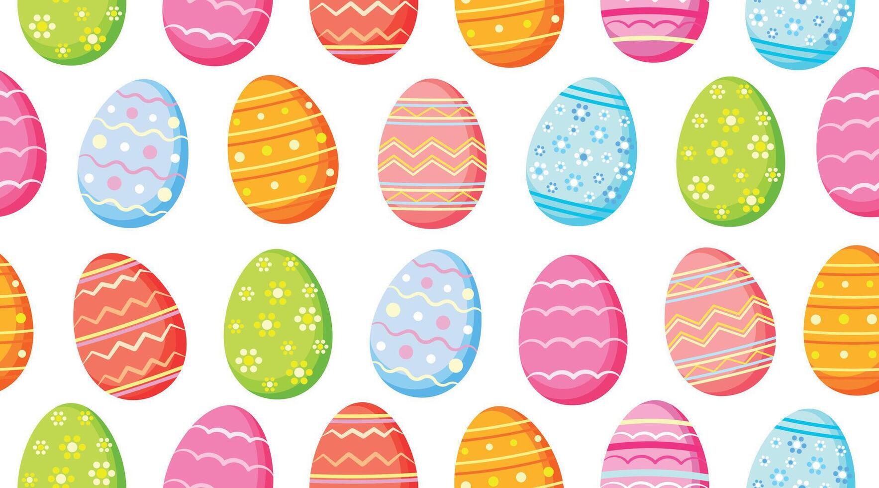 Seamless background with different Easter eggs in cartoon style. Illustration of a pattern with Easter eggs decorated with floral, geometric ornaments isolated on a white background. Banner. vector