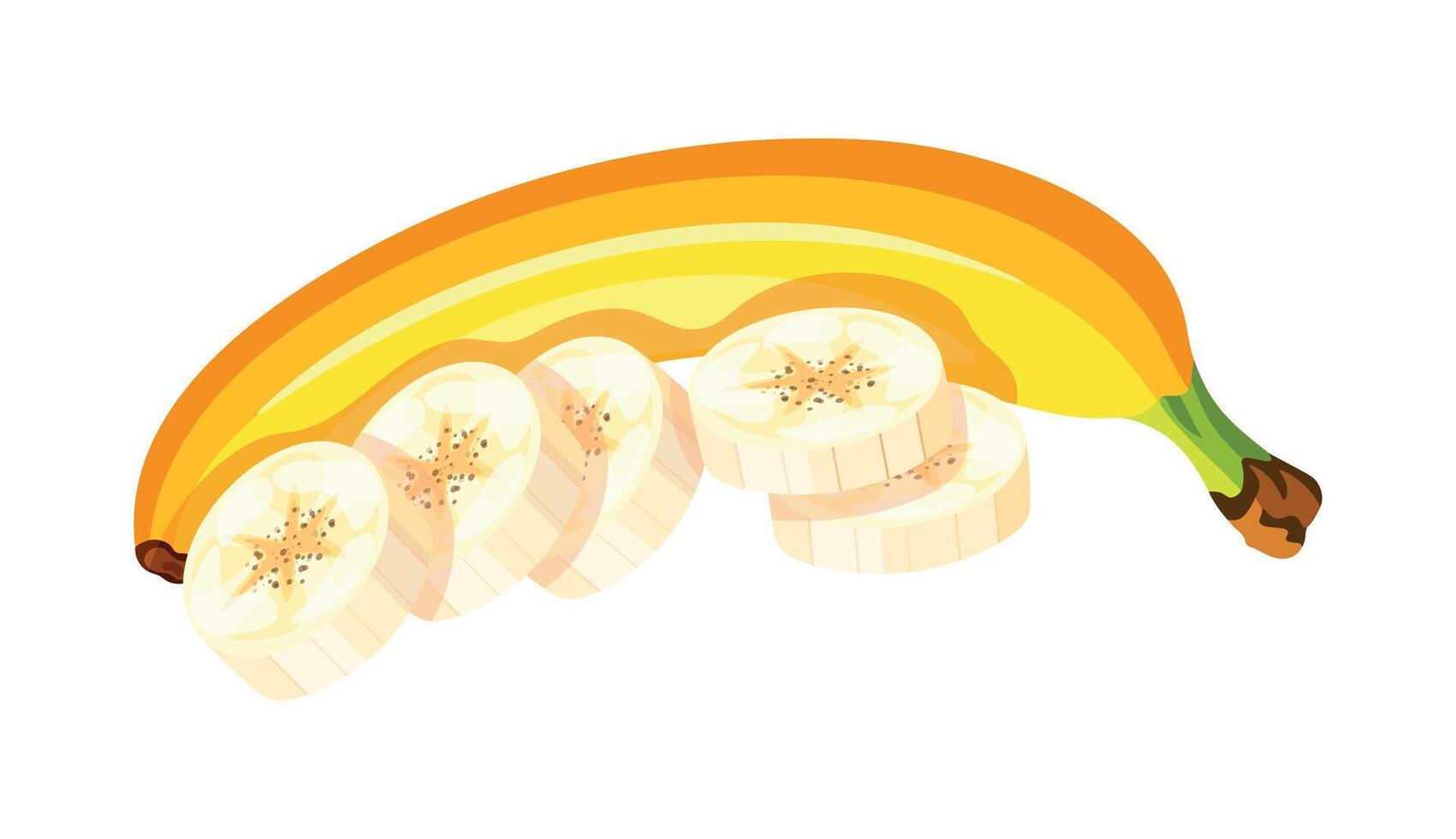 Fresh bananas in cartoon style. Illustration of delicious, sweet bananas unpeeled and peeled, whole and sliced, pieces isolated on white background. Useful fruits. vector