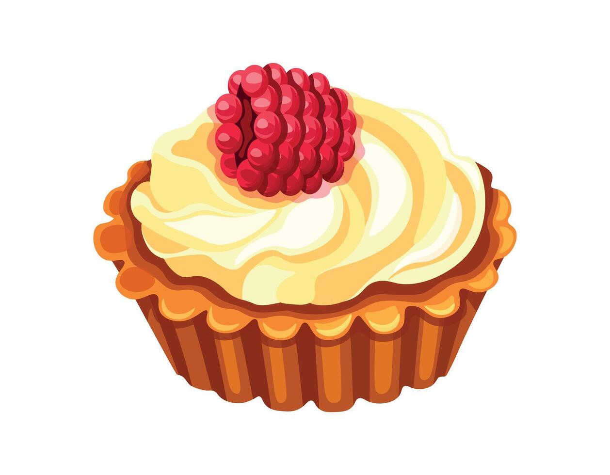 Tartlet with whipped cream, shortbread, raspberries in a cartoon style. Illustration of delicious and sweet cake isolated on white background. Confectionery product. vector