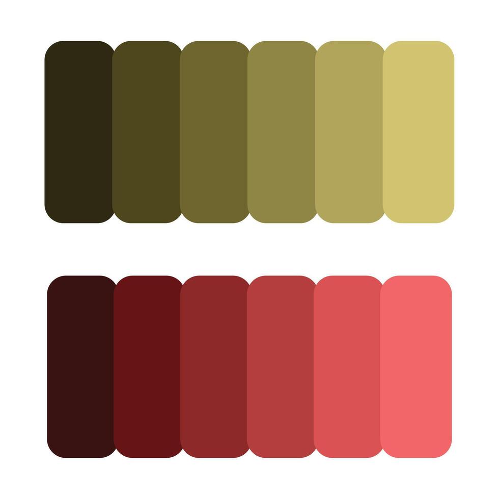 Two rows of color palettes, showcasing a gradient of olive green and a gradient of red tones. vector