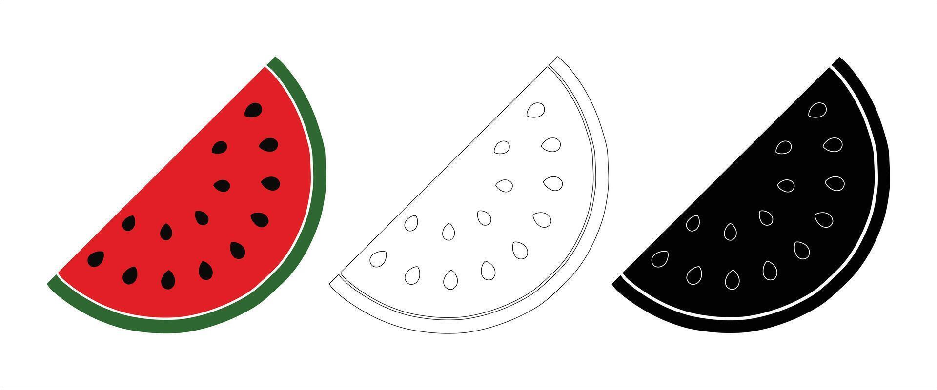 Three stylized watermelon slices. color, outline, and black silhouette. Perfect for summer designs, menus, or children's illustrations. vector