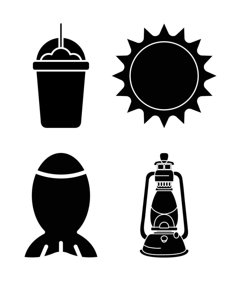 This image features four simple, black silhouette icons. vector