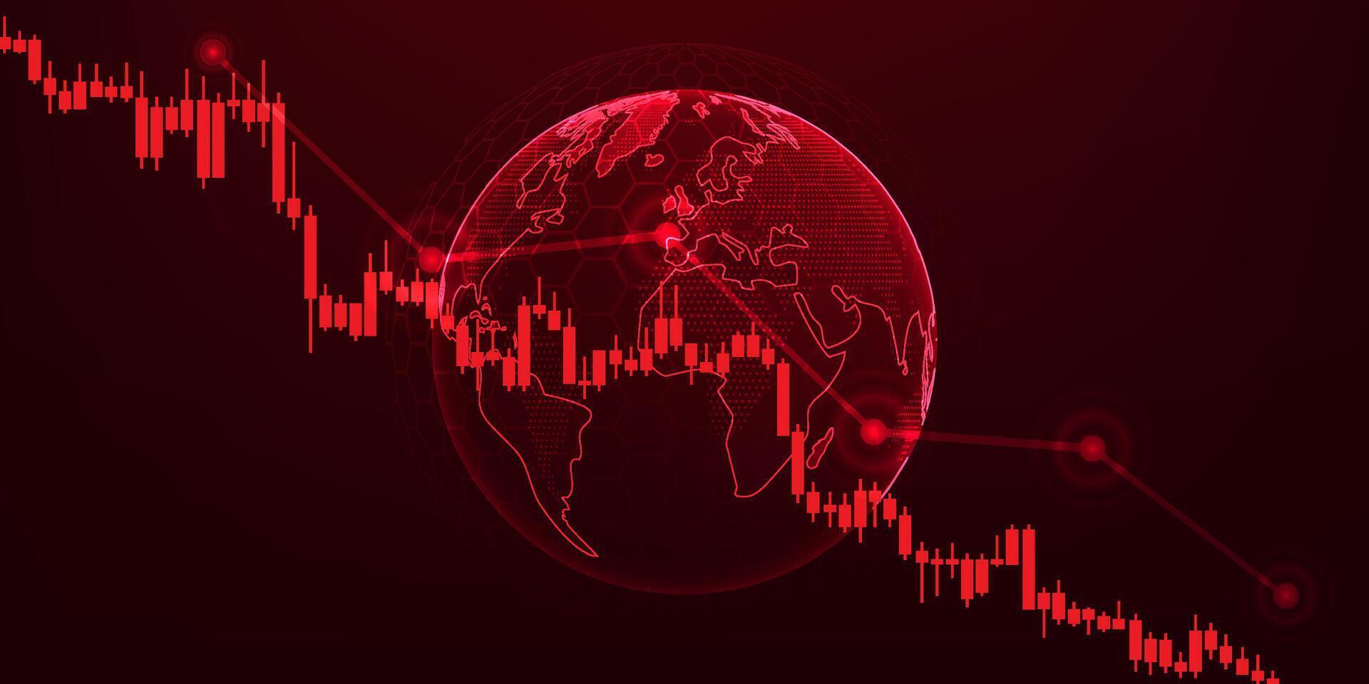 Stock chart with a downtrend and a globe behind it indicates a bearish market condition due to tax increases or interest rate increases, which results in companies having lower profits and losses. vector