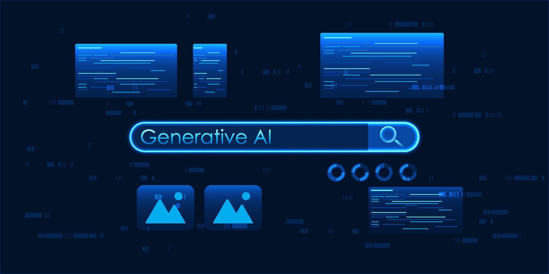 technology with magnifying glasses reflects AI's ability to create content in various forms, whether it be text, images, audio or code. New technology and innovation. vector